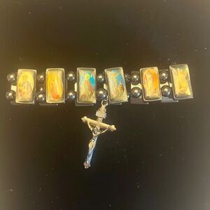 Vintage Religious Themed Bracelet Cross and Portrait Panel Stretch